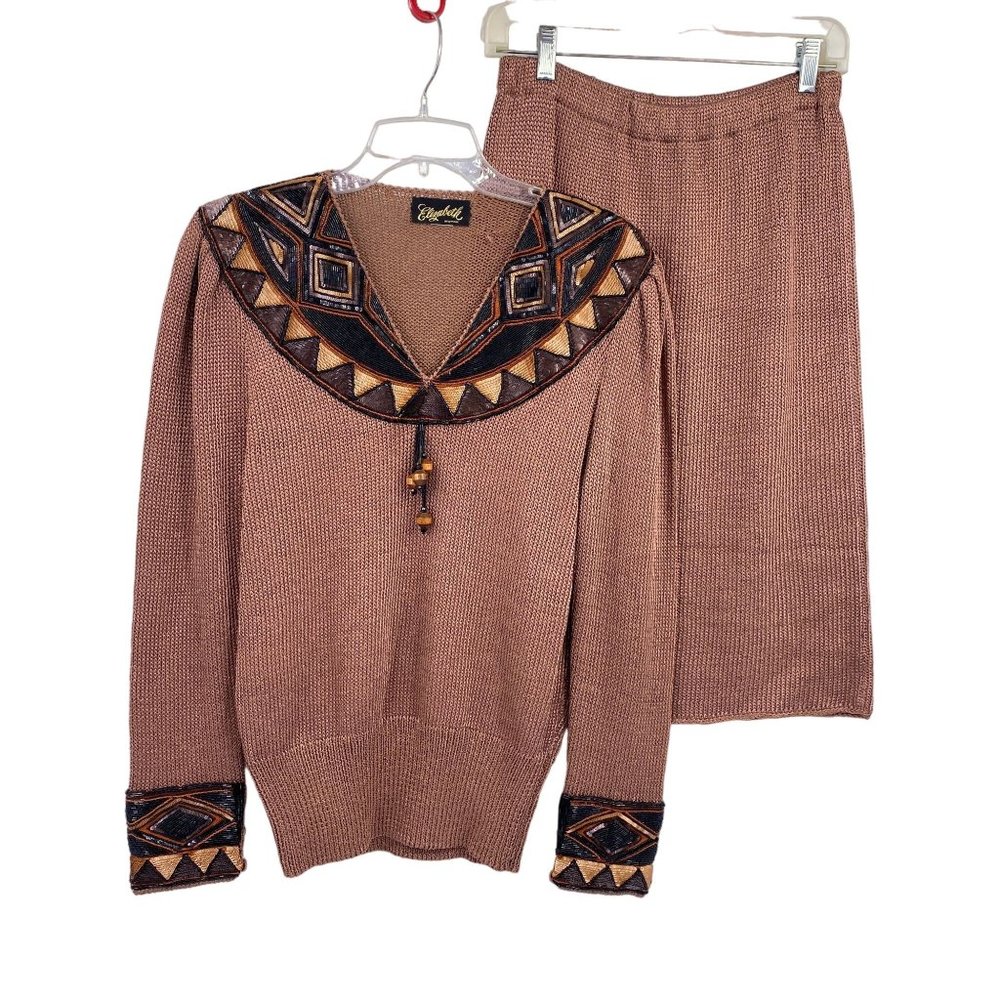 Vintage Elizabeth‎ New York knit beaded sweater skirt set size M-L creamy brown